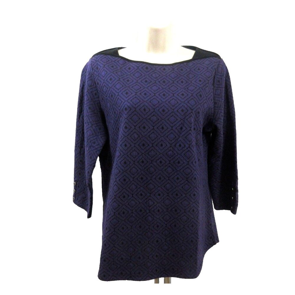 Croft & Barrow Top Womens Small Purple 3/4 Sleeve Boat Neck Geometric Pullover